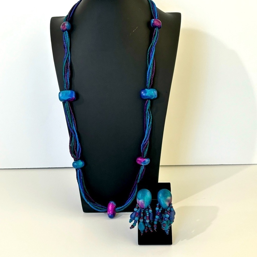 Vintage wooden purple blue green necklace and pierces earring set